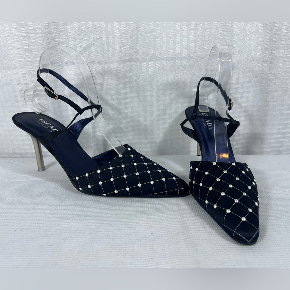7064: Escada Satin Slingback Heels w/Pearl Embroidery, heel tap needs replace